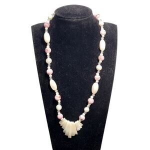 Vtg White Mother of Pearl and Purple Glass Beaded Necklace 18" Barrel Closure